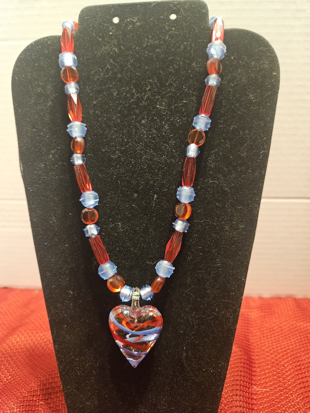 Handcrafted Red and Light Blue Heart Glass Pendant Necklace - Women Jewelry